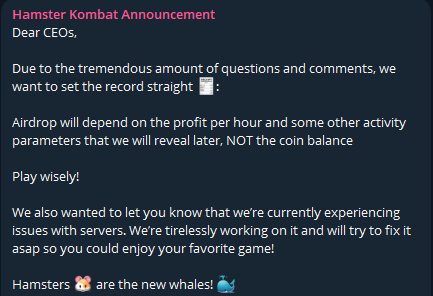 Hamster Kombat telegram announcement screenshot for profit per hour requirements