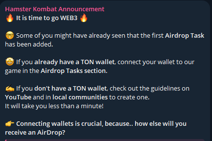 Hamster Kombat telegram announcement screenshot for airdrop tasks and TON wallet requirements