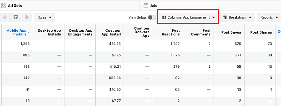 a screenshot of KPI engagement table on a Facebook ads account