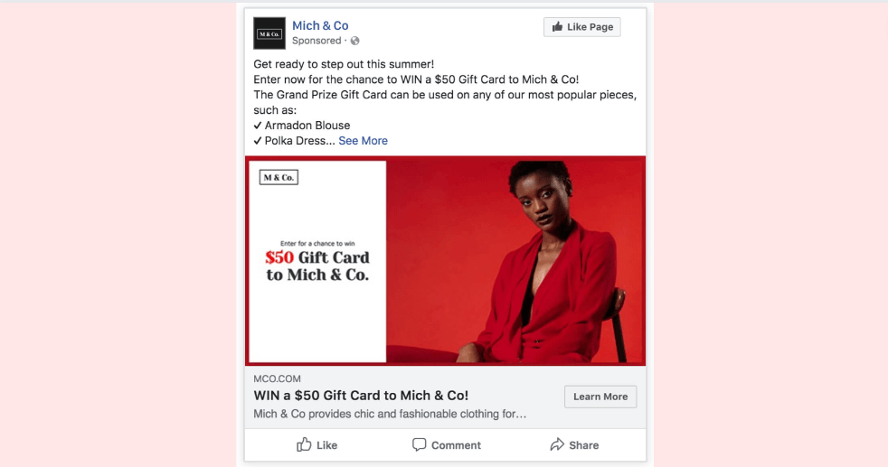 Mitch and Co gift card giveaway prize worth $50 on Facebook