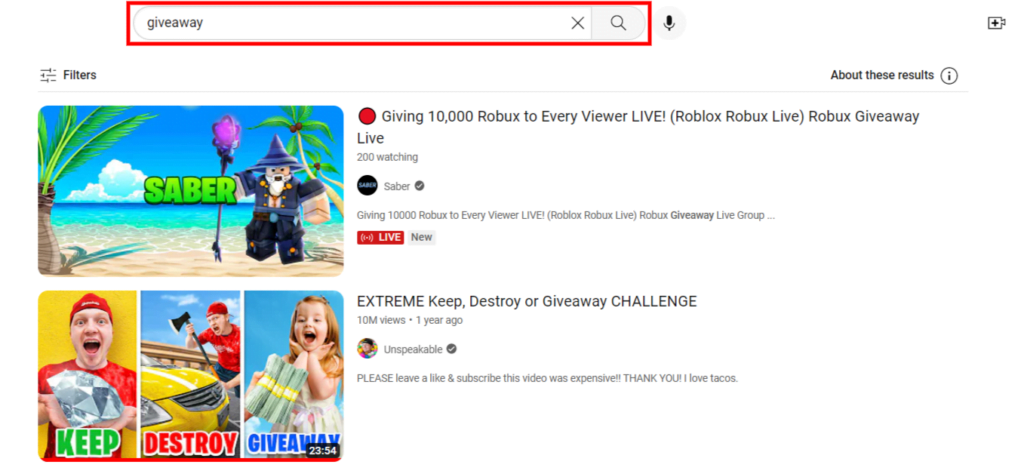 Search bar on YouTube searching for giveaway listings