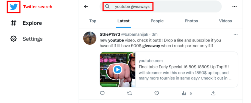 Twitter search function searching for YouTube giveaways