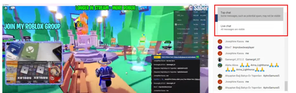 Live chat function on YouTube