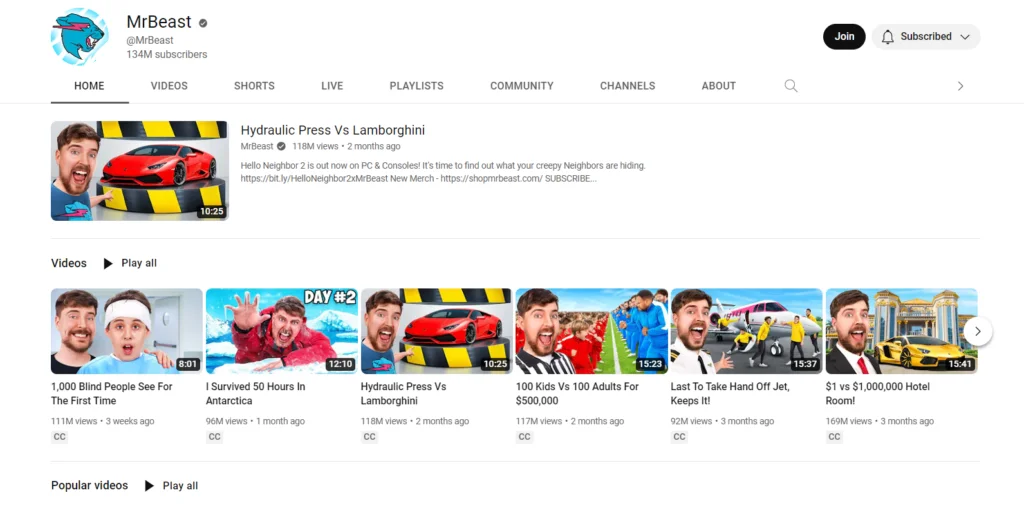 MrBeast YouTube channel with MrBeast giveaway videos