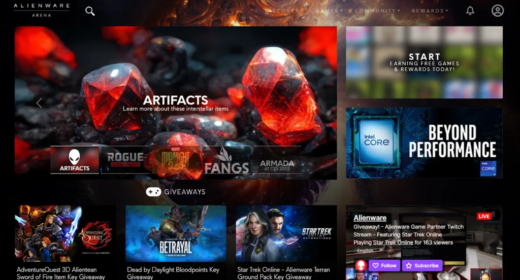 Alienware Arena website with red and black imagery and gaming giveaways
