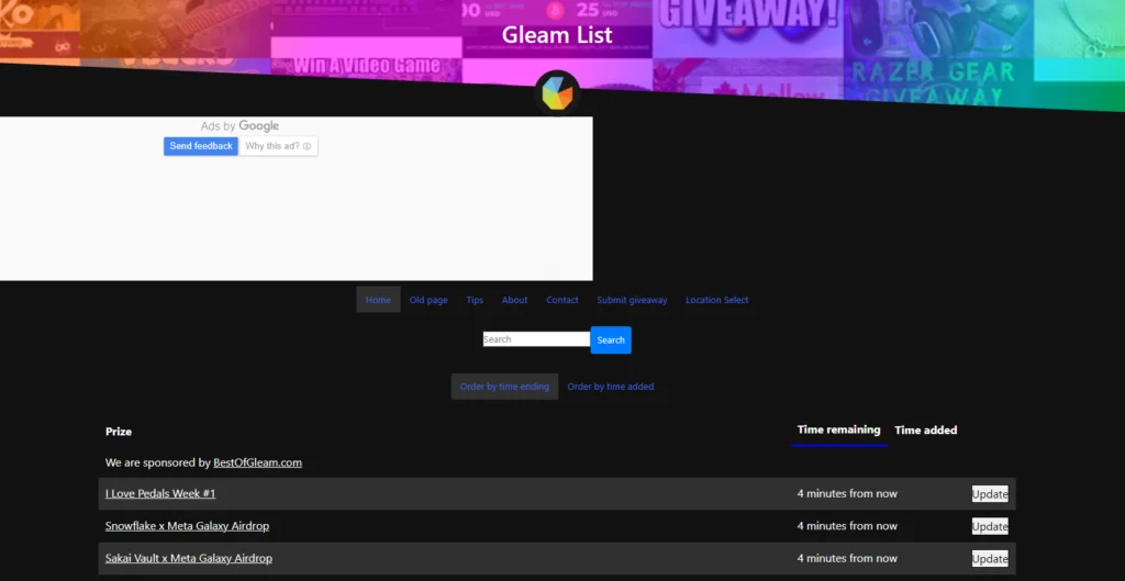 Gleam List front page listing various Gleam giveaways on a black background