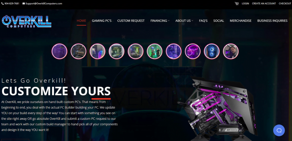 Overkill home page with a purple and black customized PC