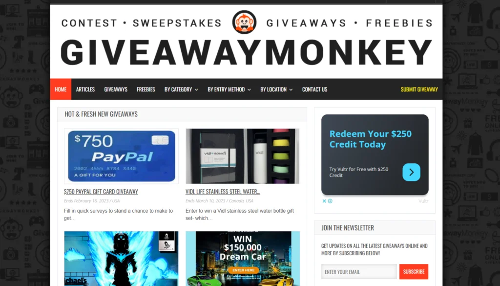 Browse giveaways, contests and sweepstakes