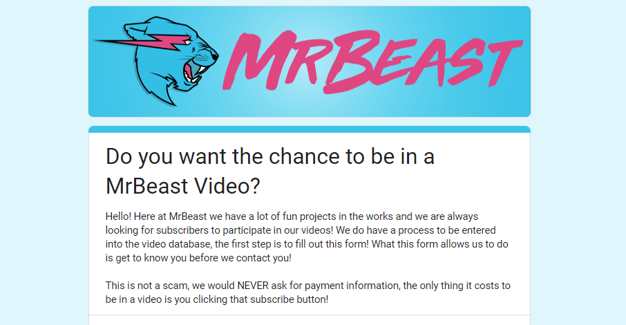 Mrbeast oficjalna próbka formularza, aby wykazać zainteresowanie uczestnictwem i wejściem do filmu Mrbeast