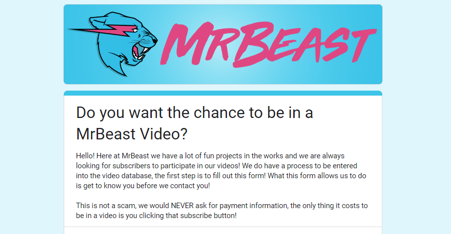 ตัวอย่างแบบฟอร์มอย่างเป็นทางการของ MrBeast เพื่อแสดงความสนใจที่จะเข้าร่วมและป้อนในวิดีโอ MrBeast