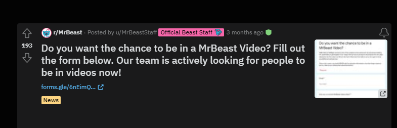 Modulo di domanda di video Mrbeast