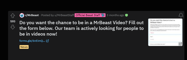 MrBeast Video application form