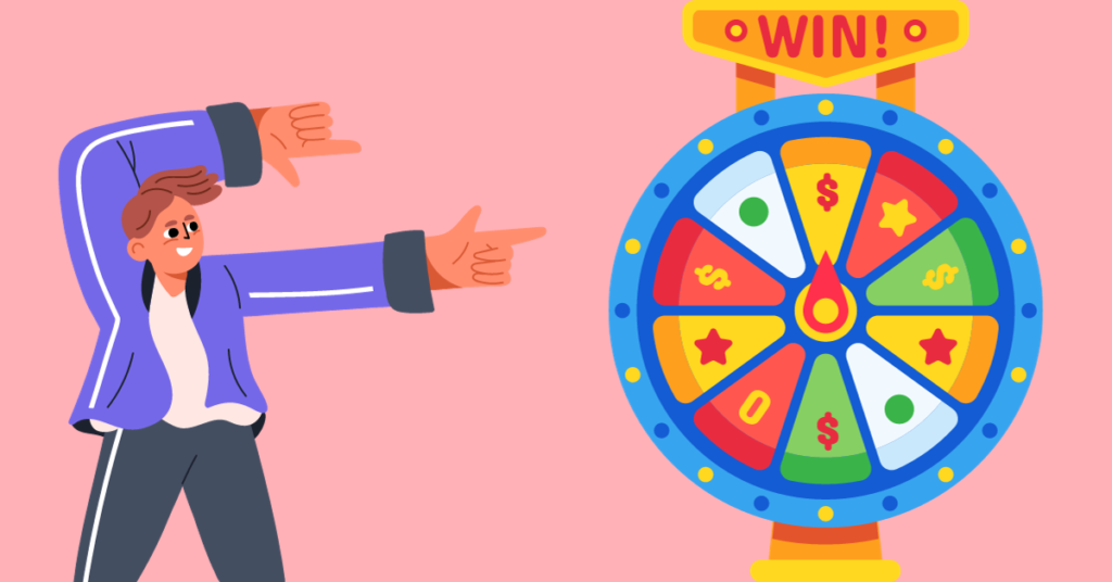 An excited man pointing at a sweepstake spinning wheel