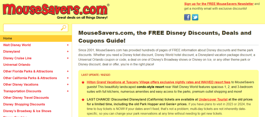 Mousesavers website homepage offering Disney giveaways