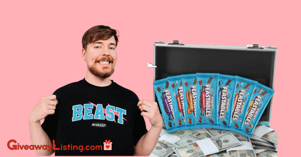 Mrbeast feastables sweepstakes advertistement on a pink background.