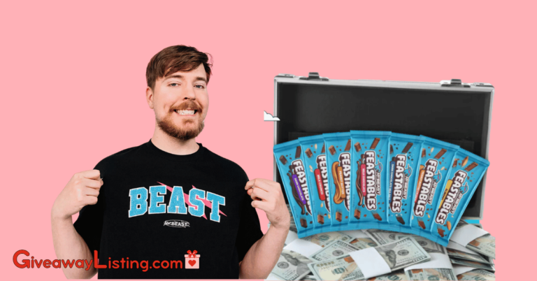 Mrbeast feastables sweepstakes advertistement on a pink background.