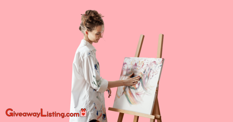 an artist, brush in hand, standing before a canvas, working on a vibrant painting for an art contest.