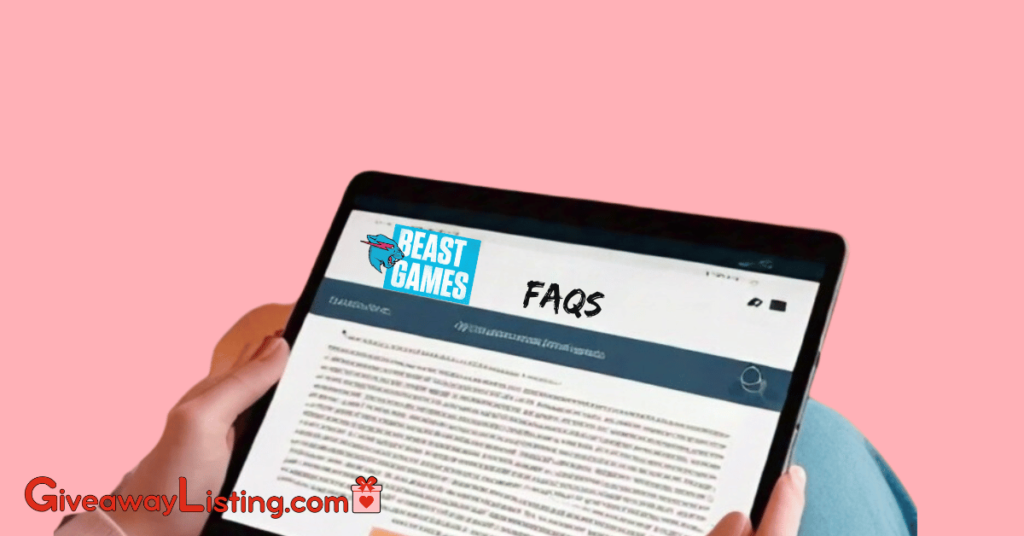 a person reading FAQs about beast games on a tablet, with a beast game's character visible on the tablet's screen.