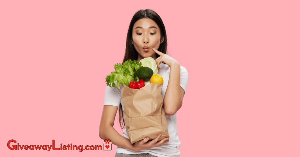a person happily holding a basket full of fresh produce, symbolizing a food giveaway.