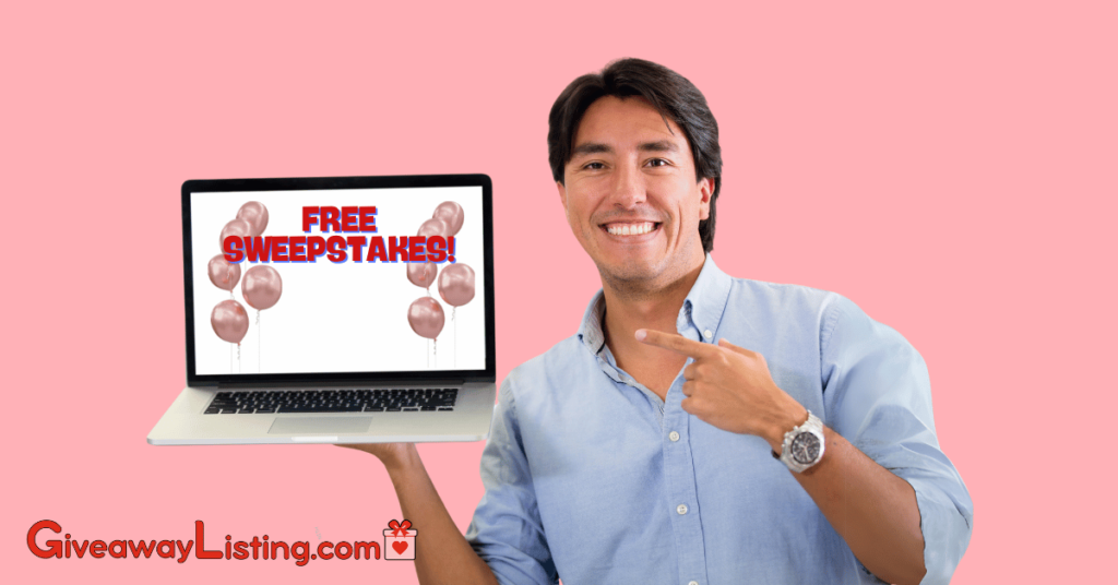 a person joyfully raising their arms in front of a computer screen, which displays a "Free Sweepstakes" message with balloons