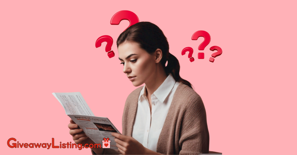 a person thoughtfully reading a brochure about sweepstakes, with question marks floating around their head, representing the FAQs of free sweepstakes.