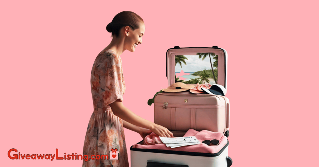 a person packing a suitcase with beach items, with plane tickets and a tropical island in the background, symbolizing free sweepstakes for vacations.
