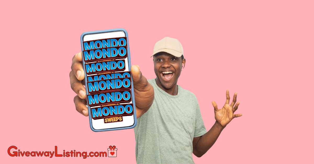 a person excitedly holding a phone with the Mondosweeps logo displayed, symbolizing their entry into the Mondo Sweepstakes.