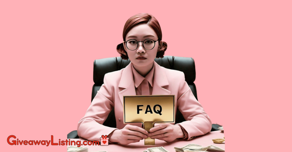 a person sitting at a desk, surrounded by cash piles, and holding an FAQ sign made of gold.