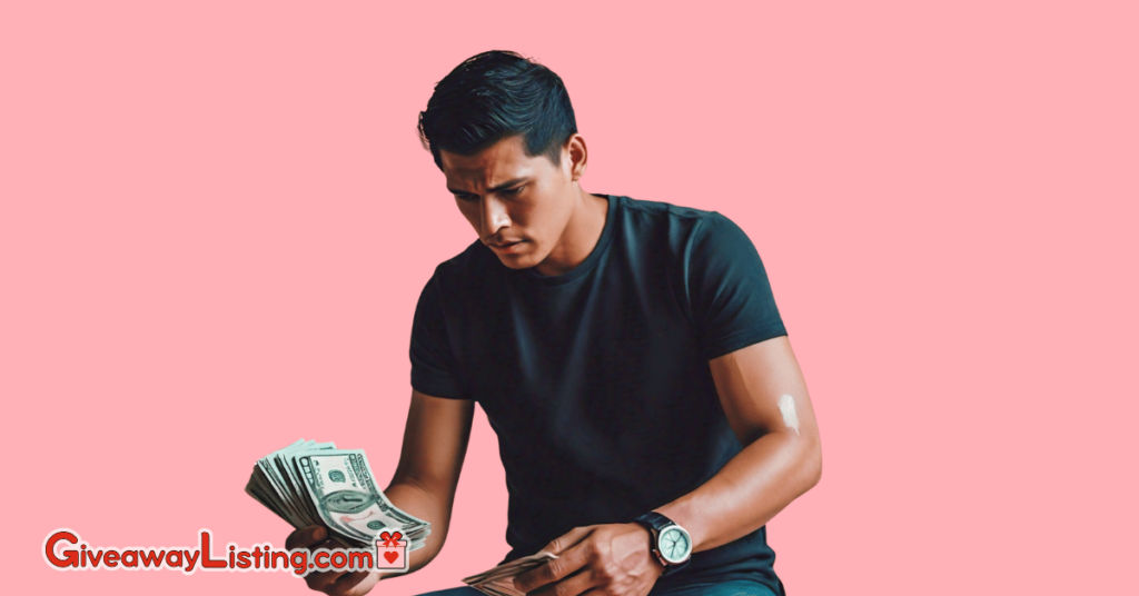 a person wearing a wristwatch and holding cash with a confused look.
