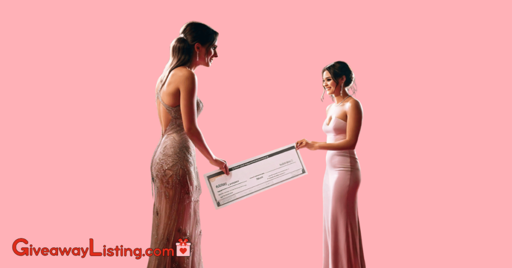 a celebrity standing on a red carpet, handing a large check to a fan.
