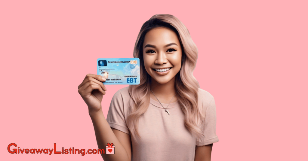 a smiling individual holding an Electronic Benefit Transfer (EBT) card. 