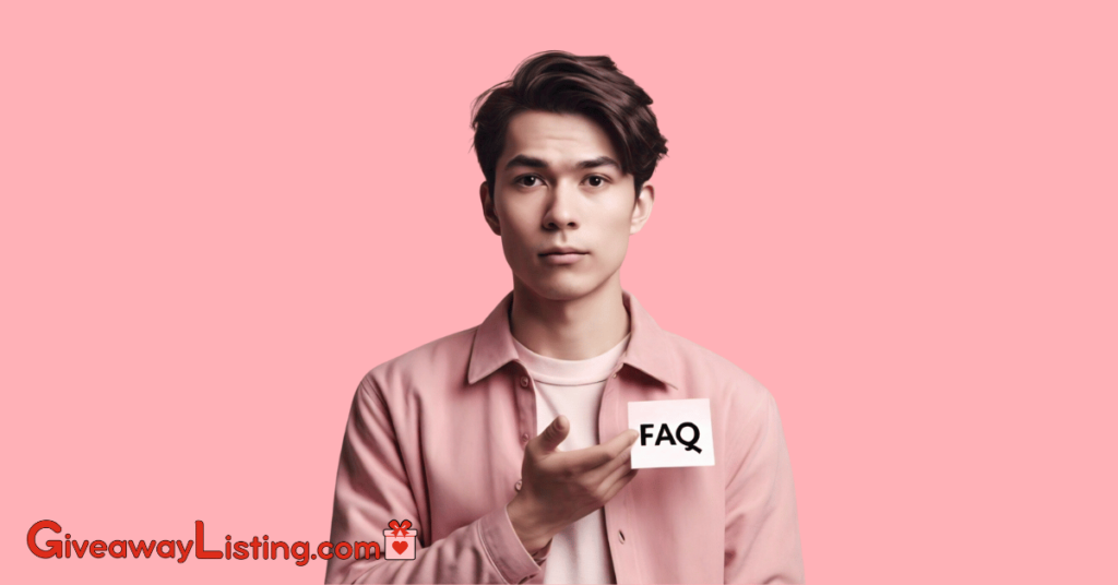 a person with a questioning expression holding an FAQ tag, representing frequently asked questions about giveaways.