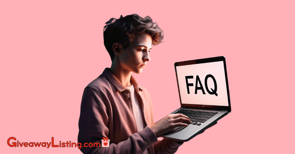 a person working on a laptop with 'FAQ' displaying on the screen, representing frequently asked questions about laptop giveaways.