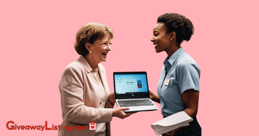 a nonprofit worker handing a laptop to a Nonprofit worker
