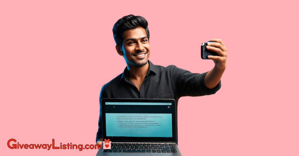 a person taking a selfie while holding an open laptop
