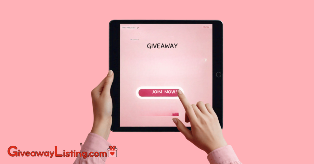 a person clicking a "Join Now" button on a tablet screen displaying an online giveaway contest.
