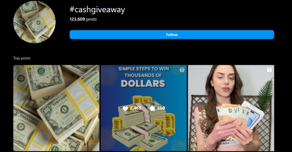 screenshot of a cash giveaway page on Instagram. 