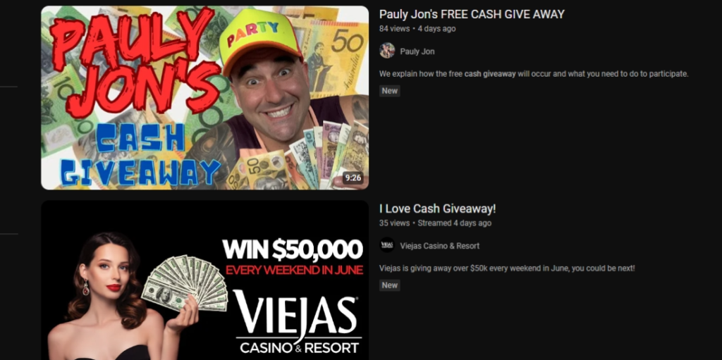 screenshot of YouTube cash giveaway list. 