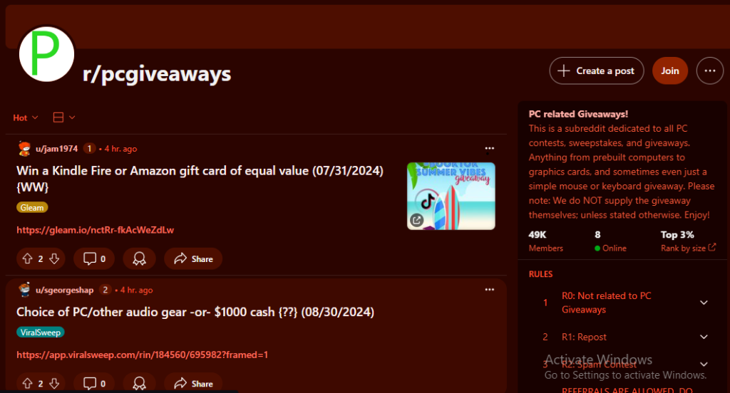 a screenshot of the r/pcgiveaways forum on Reddit. 