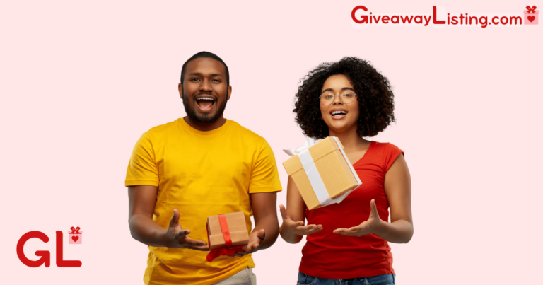 Giveaway Listing Homepage Featured image of two people holding gifts - GiveawayListing.com