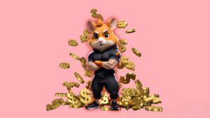 Hamster Kombat mascot with coins in form of dollar sign falling down behind