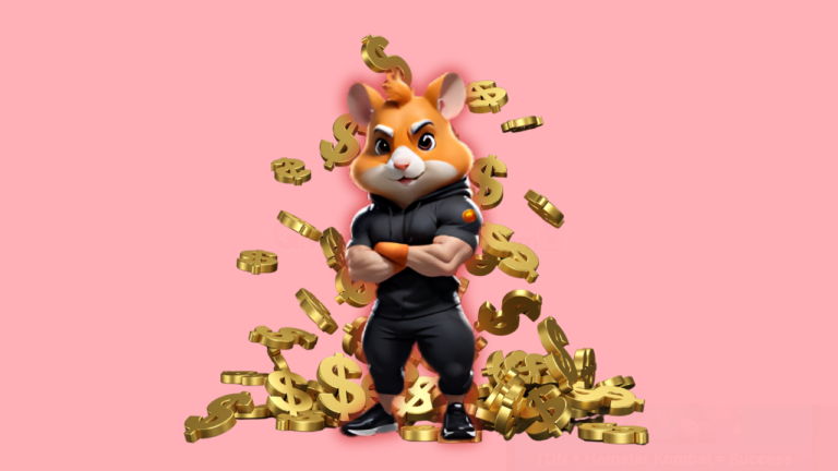 Hamster Kombat mascot with coins in form of dollar sign falling down behind