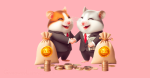 two Hamsters shaking hands happily, representing a successful Hamster Kombat referral deal, with bags of $HMSTR coins by their side