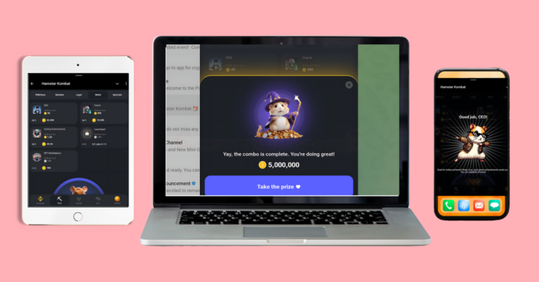 A Laptop, an iPad, and a smartphone with Hamster Kombat gameplay on their screens.