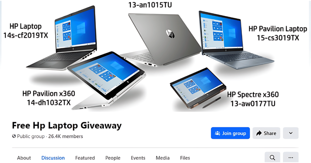 screenshot the Facebbook page for free laptop giveaways.