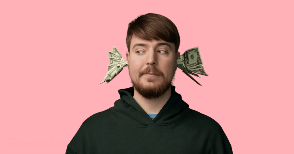 MrBeast's photoshoot for one of his giveaway promotions having money coming out from his ears