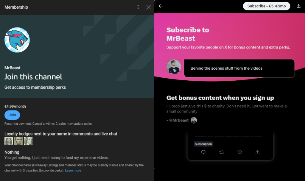 MrBeast premium subscription channels on X and YouTube