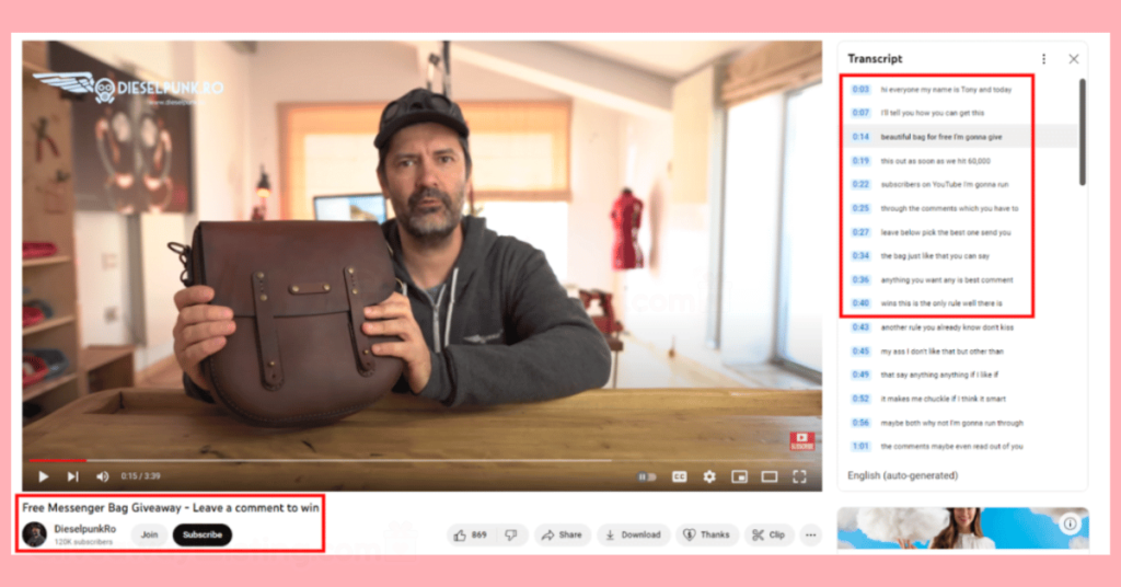 Diesel Punk Ro on YouTube is giving away a free leather bag.