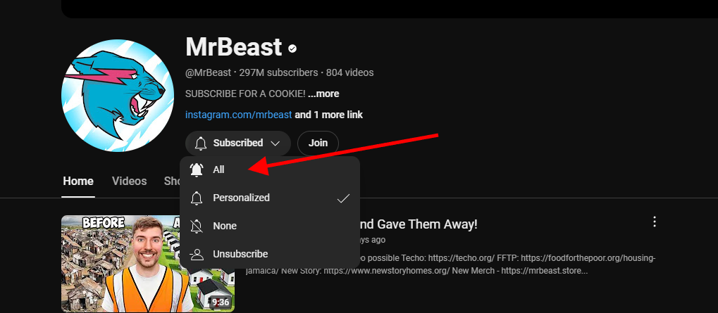 Tips on how to enable notifications for MrBeast's YouTube channel