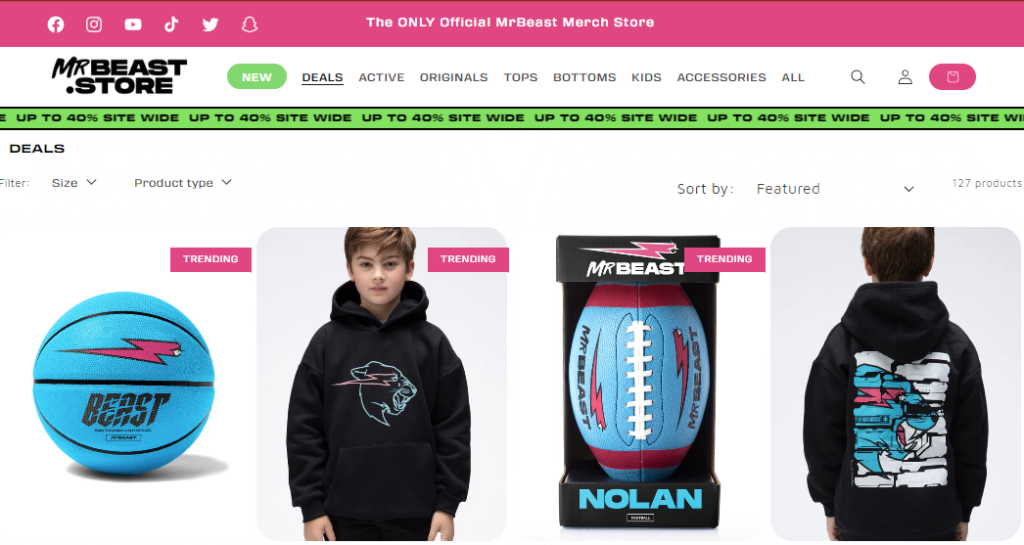 MrBeast's official merch site screenshot